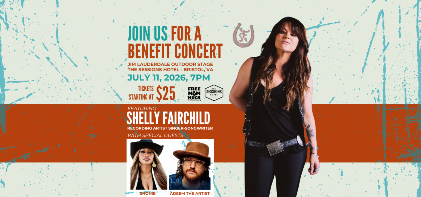 Poster advertising a benefit concert featuring Shelly Fairchild, with date and venue information and tickets starting at  (outdoor stage, Bristol, VA).